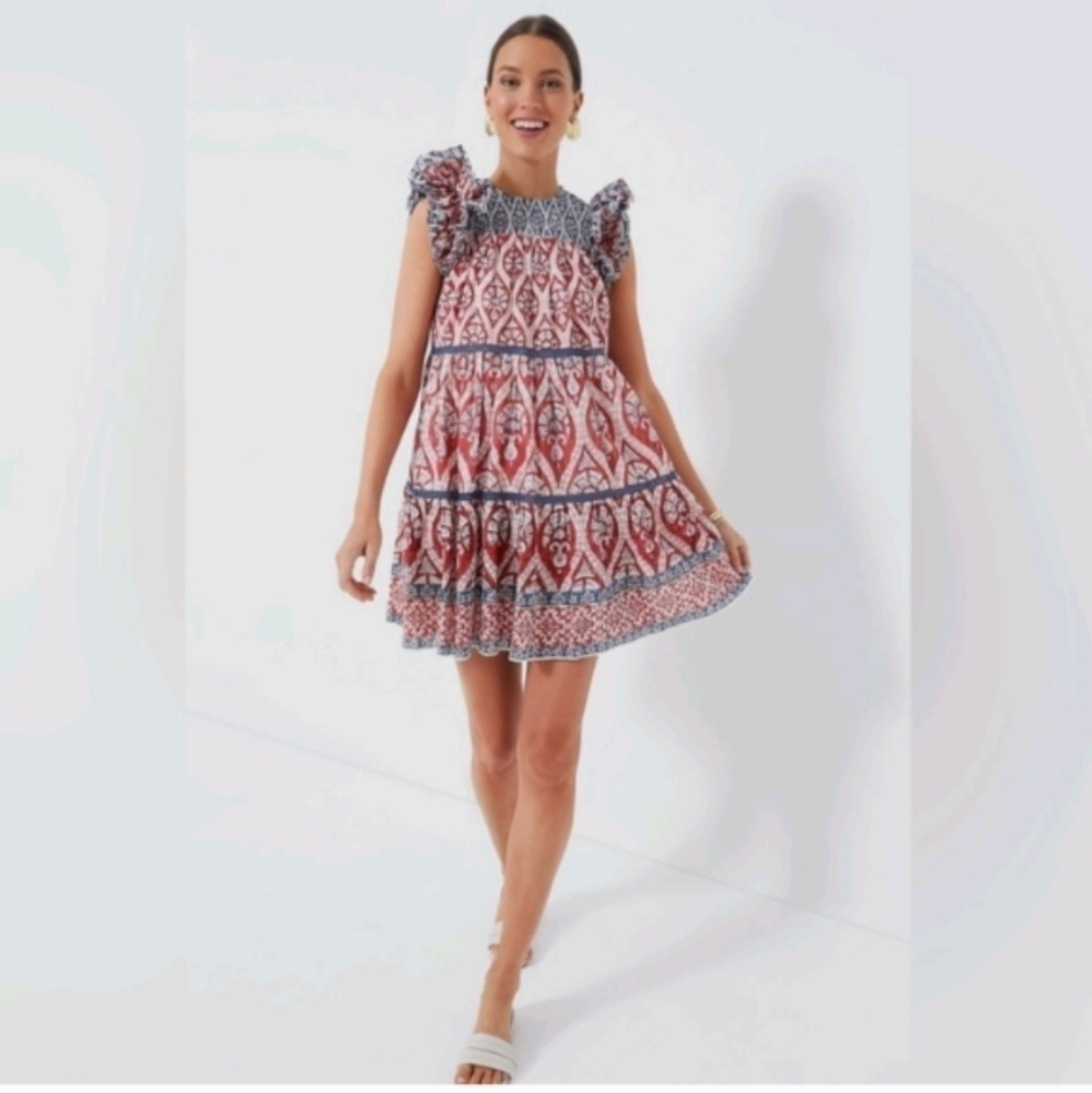 Tuckernuck Ash & Eden Red Olga Mini Lace Dress Cotton Tiered sz L